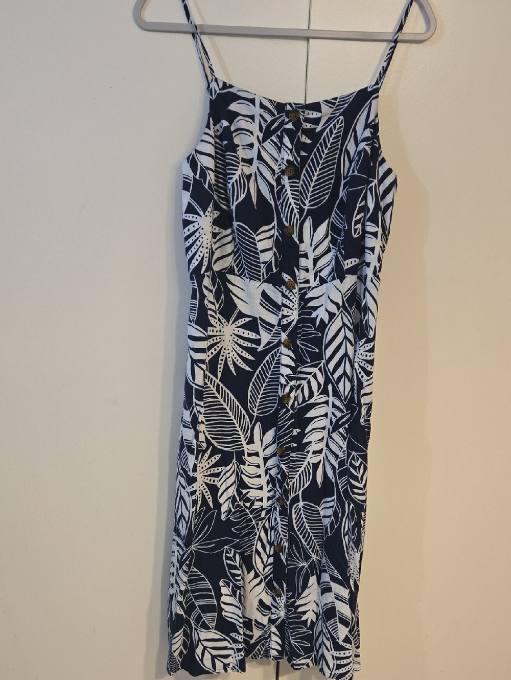 Old Navy Navy and White Tropical Print Linen Blend Midi Dress